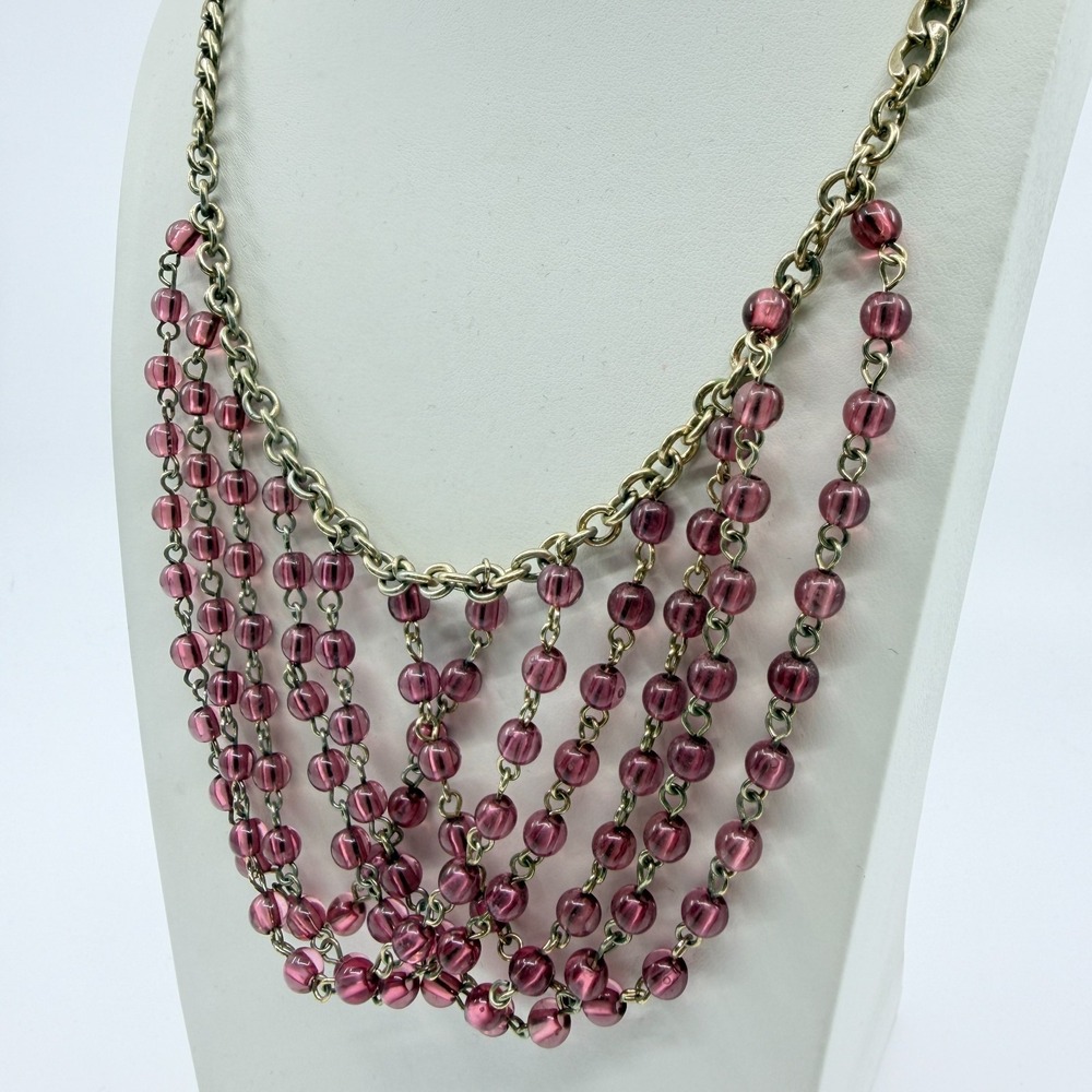 Necklace Vintage Gold Tone Pink Purple Bead Multi Strand Draped Statement Boho - Picture 6 of 10